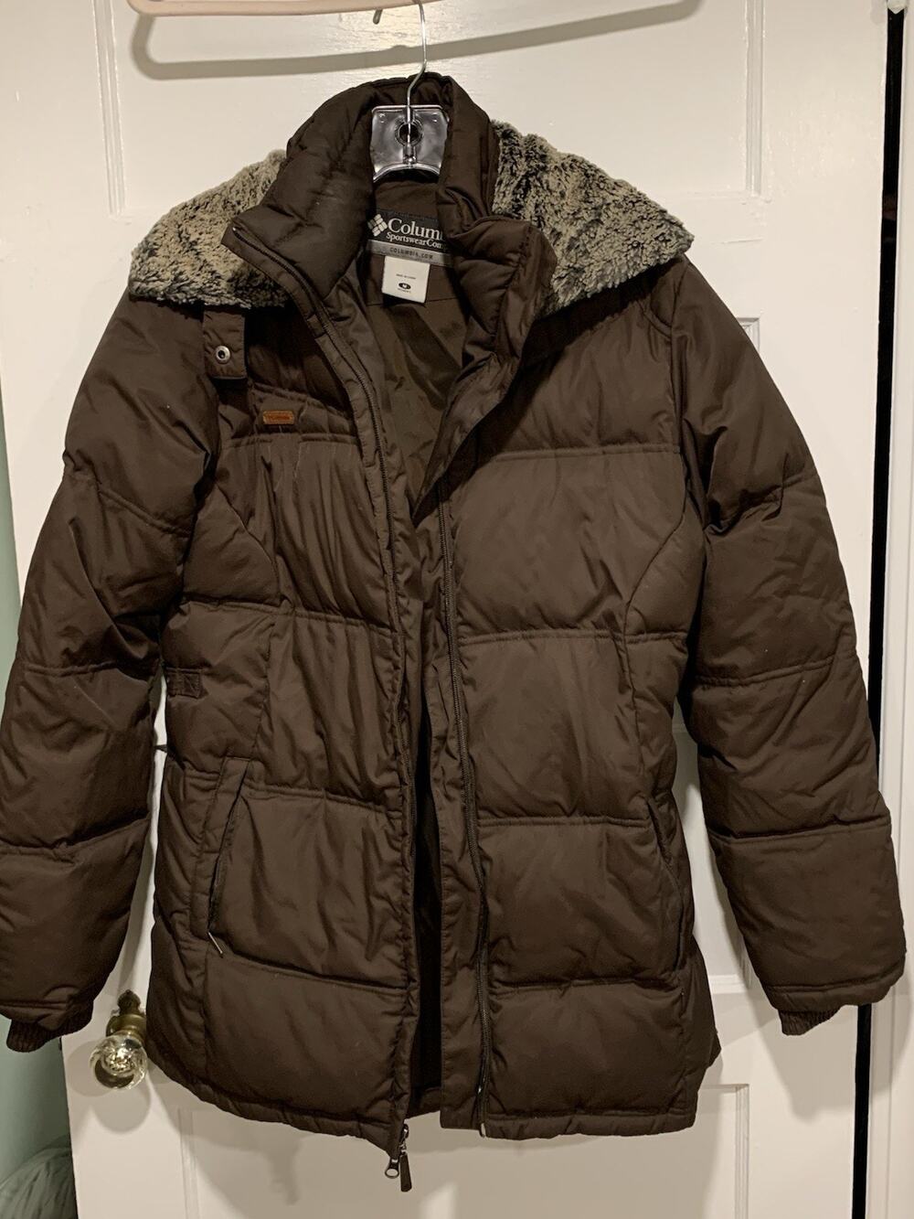 Columbia Brown Puffer Coat Size Medium Women’s Down Jacket Faux Fur Zippered